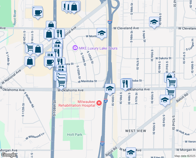 map of restaurants, bars, coffee shops, grocery stores, and more near 2974 South 102nd Street in West Allis