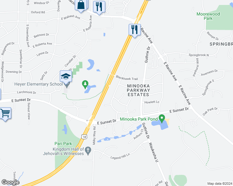 map of restaurants, bars, coffee shops, grocery stores, and more near 1221 Fleetfoot Drive in Waukesha