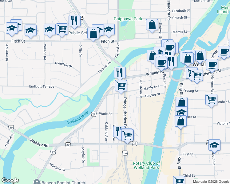 map of restaurants, bars, coffee shops, grocery stores, and more near 212 Maple Avenue in Welland