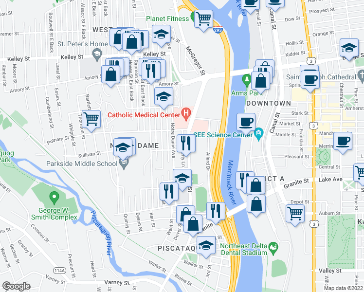 map of restaurants, bars, coffee shops, grocery stores, and more near 148 Flaherty Lane in Manchester