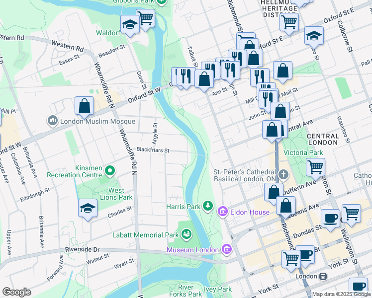 map of restaurants, bars, coffee shops, grocery stores, and more near 13 Blackfriars Street in London