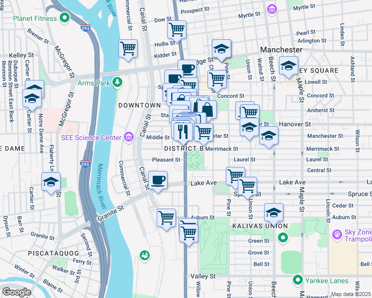 map of restaurants, bars, coffee shops, grocery stores, and more near Elm St & Merrimack St in Manchester