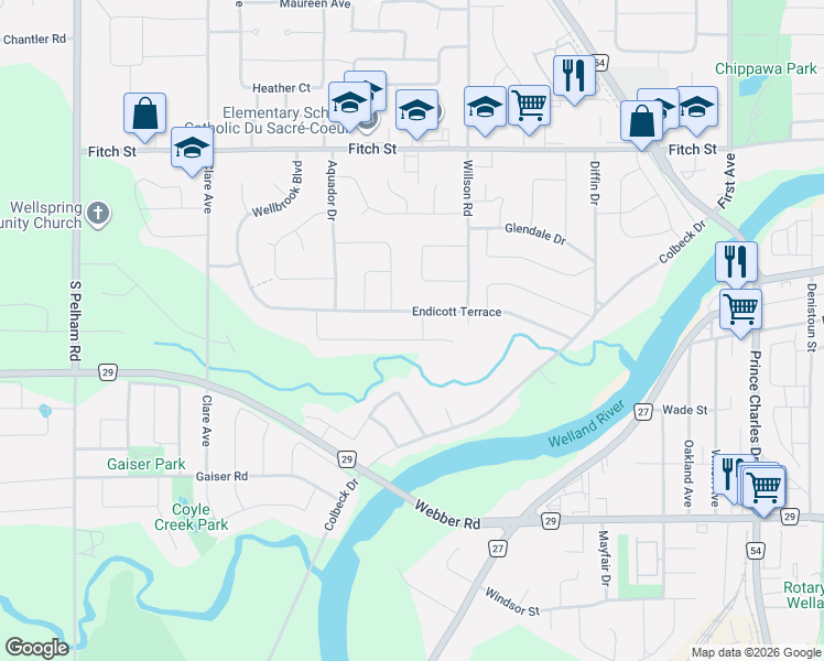 map of restaurants, bars, coffee shops, grocery stores, and more near 262 Draper's Street in Welland