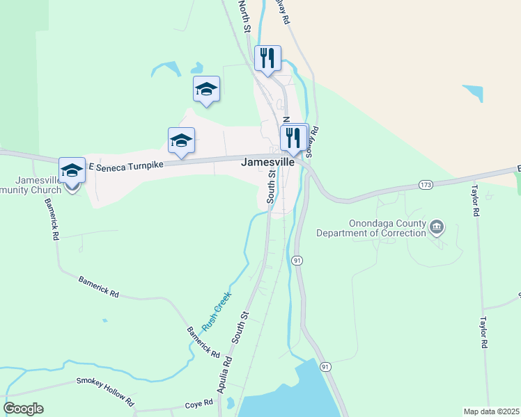 map of restaurants, bars, coffee shops, grocery stores, and more near 4511 South Street in Jamesville