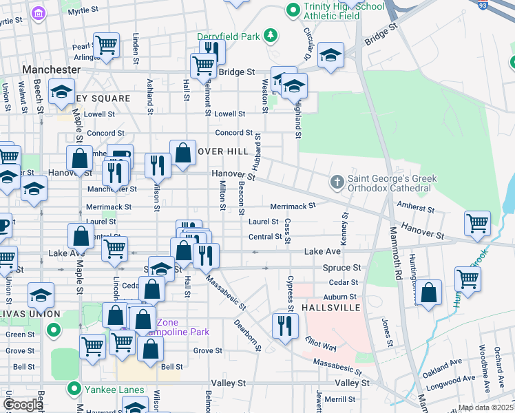 map of restaurants, bars, coffee shops, grocery stores, and more near 522 Merrimack Street in Manchester