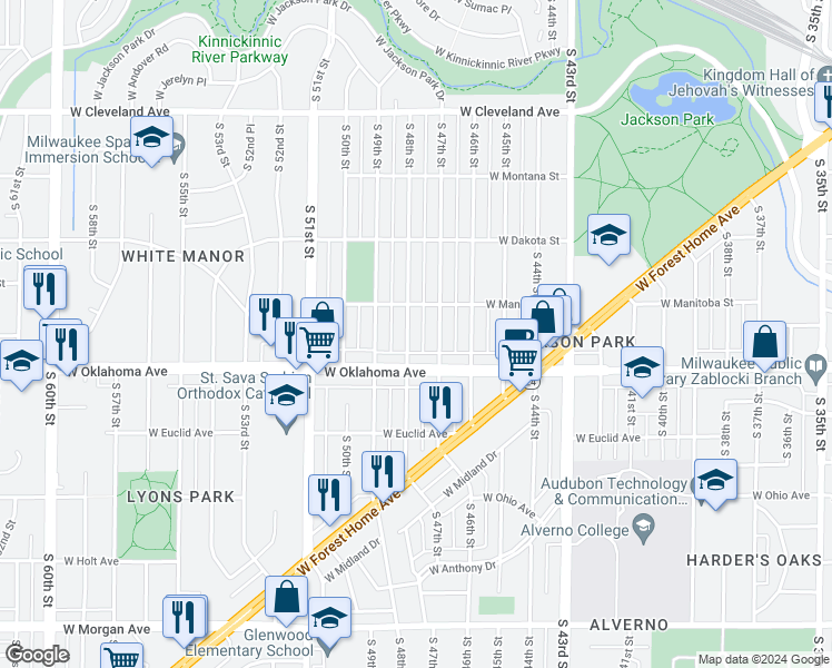 map of restaurants, bars, coffee shops, grocery stores, and more near 3036 South 48th Street in Milwaukee