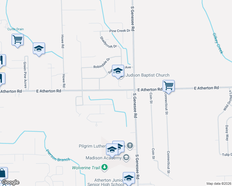 map of restaurants, bars, coffee shops, grocery stores, and more near 4450 East Atherton Road in Burton