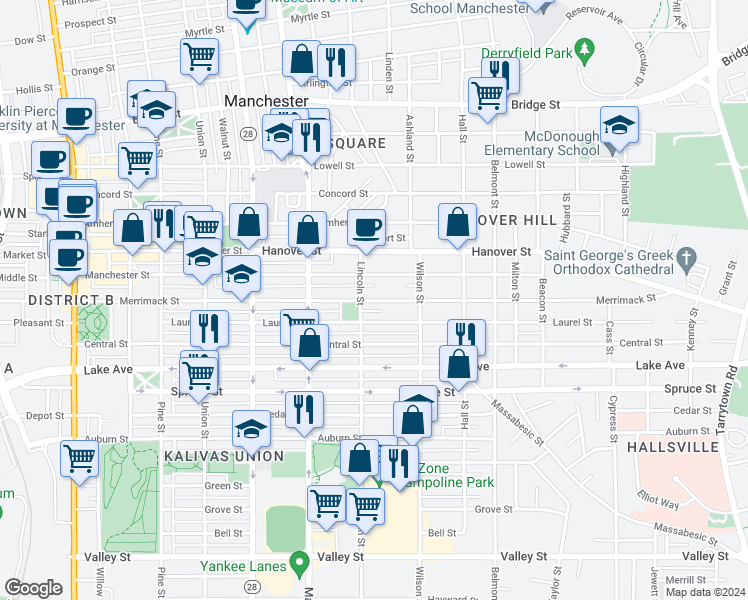 map of restaurants, bars, coffee shops, grocery stores, and more near 391 Manchester Street in Manchester