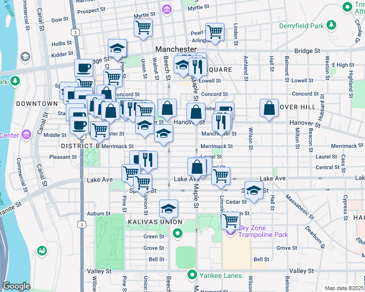 map of restaurants, bars, coffee shops, grocery stores, and more near 313 Manchester Street in Manchester