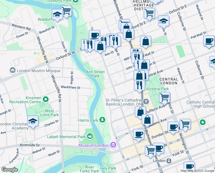 map of restaurants, bars, coffee shops, grocery stores, and more near 639 Barton Street in London