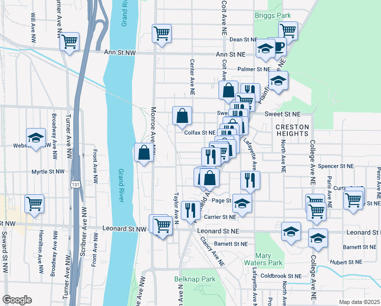 map of restaurants, bars, coffee shops, grocery stores, and more near 6 Mathews Court Northeast in Grand Rapids