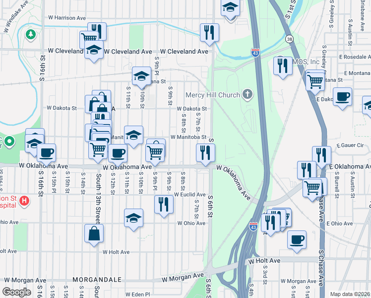 map of restaurants, bars, coffee shops, grocery stores, and more near 3000-3002 South 8th Street in Milwaukee
