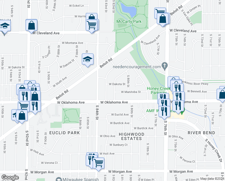 map of restaurants, bars, coffee shops, grocery stores, and more near 8205 West Dakota Street in West Allis