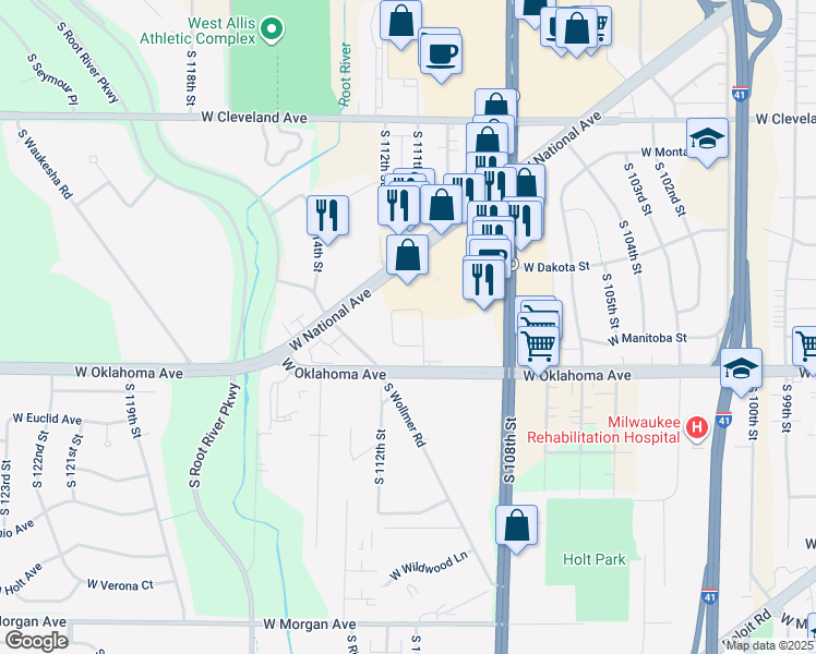 map of restaurants, bars, coffee shops, grocery stores, and more near 11135 West National Avenue in West Allis