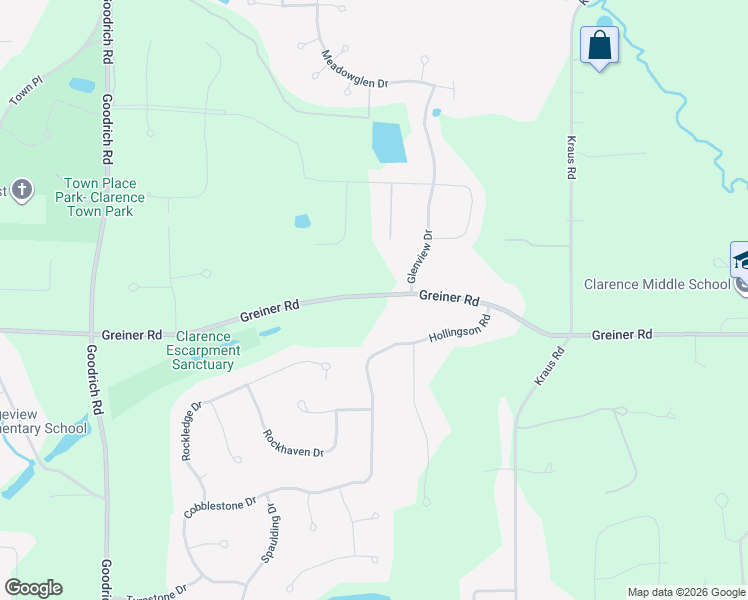 map of restaurants, bars, coffee shops, grocery stores, and more near 9770 Greiner Road in Clarence