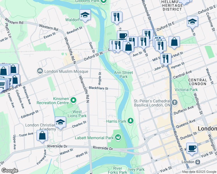 map of restaurants, bars, coffee shops, grocery stores, and more near 35 Blackfriars Street in London