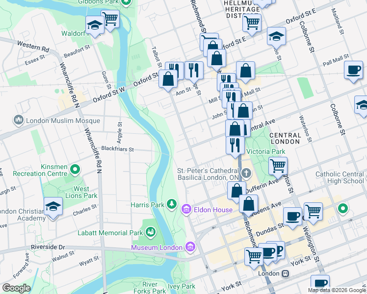 map of restaurants, bars, coffee shops, grocery stores, and more near 98 Central Avenue in London