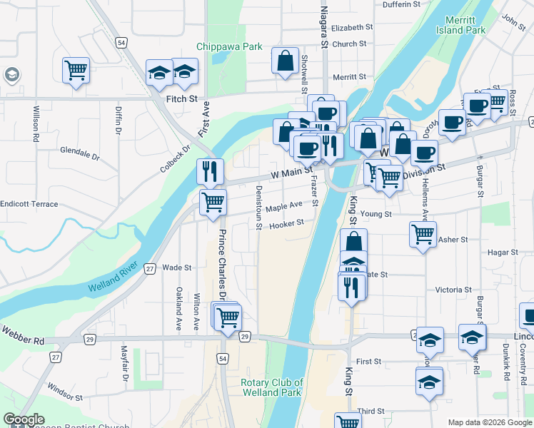 map of restaurants, bars, coffee shops, grocery stores, and more near 105 Maple Avenue in Welland