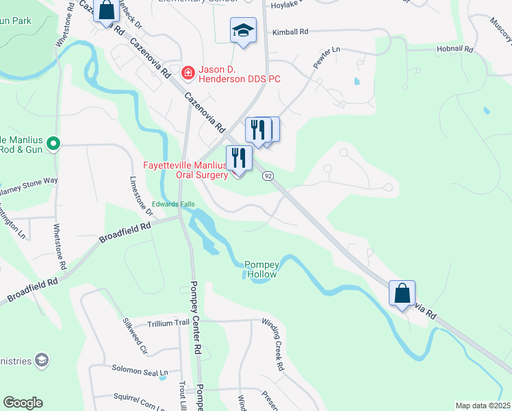 map of restaurants, bars, coffee shops, grocery stores, and more near 144 Edwards Falls Lane in Manlius