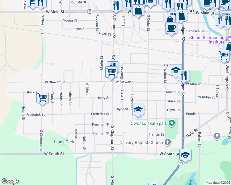 map of restaurants, bars, coffee shops, grocery stores, and more near 1115 West Stewart Street in Owosso