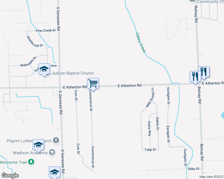 map of restaurants, bars, coffee shops, grocery stores, and more near 5200 East Atherton Road in Burton