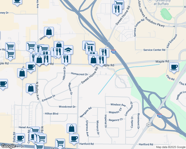 map of restaurants, bars, coffee shops, grocery stores, and more near Sweet Home Rd & Homecrest Dr in Buffalo