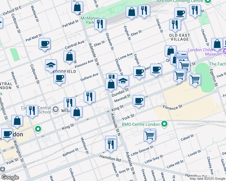 map of restaurants, bars, coffee shops, grocery stores, and more near 630 Dundas Street in London