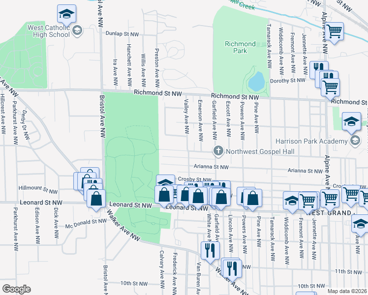 map of restaurants, bars, coffee shops, grocery stores, and more near 1320 Dartmouth Street Northwest in Grand Rapids