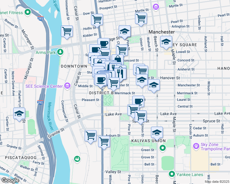map of restaurants, bars, coffee shops, grocery stores, and more near 71 Manchester Street in Manchester