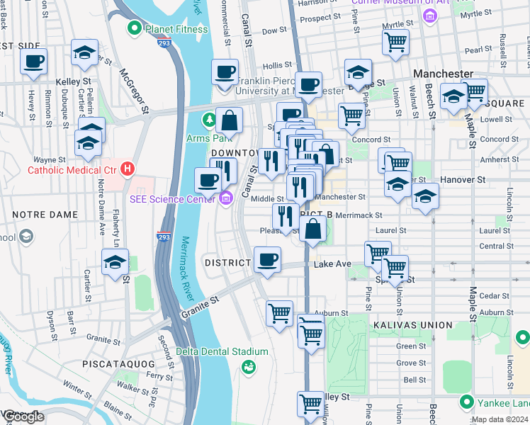 map of restaurants, bars, coffee shops, grocery stores, and more near 130 Middle Street in Manchester
