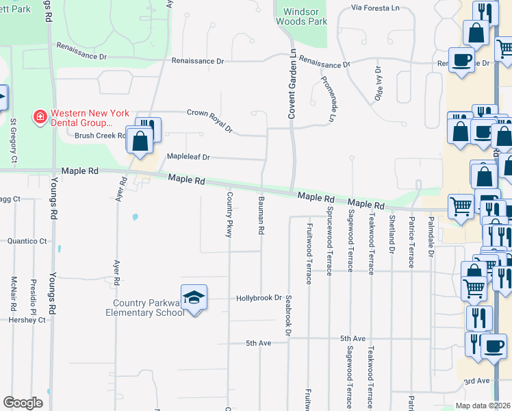 map of restaurants, bars, coffee shops, grocery stores, and more near 2005 Maple Road in Buffalo