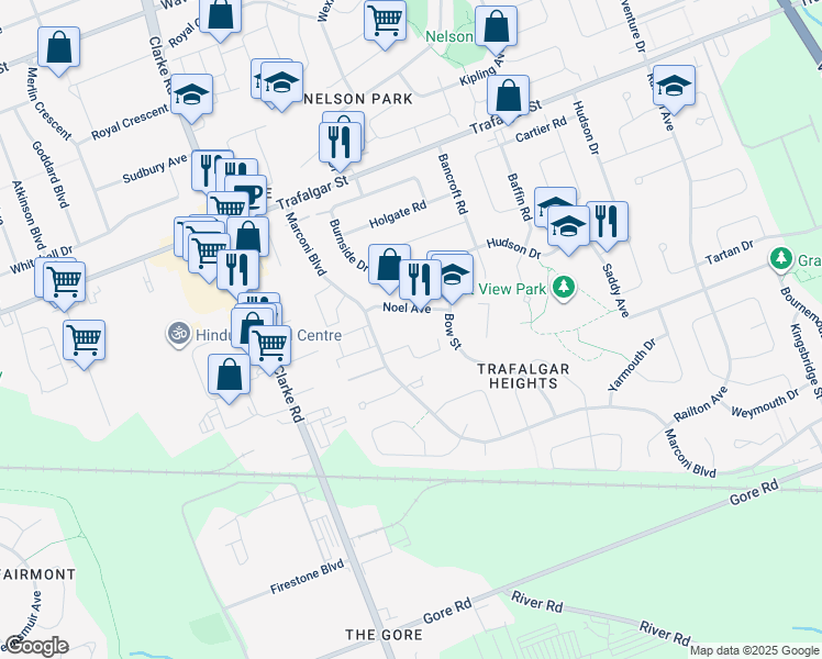 map of restaurants, bars, coffee shops, grocery stores, and more near 32 Noel Avenue in London