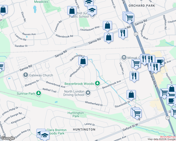 map of restaurants, bars, coffee shops, grocery stores, and more near 933 Kettleridge Street in London