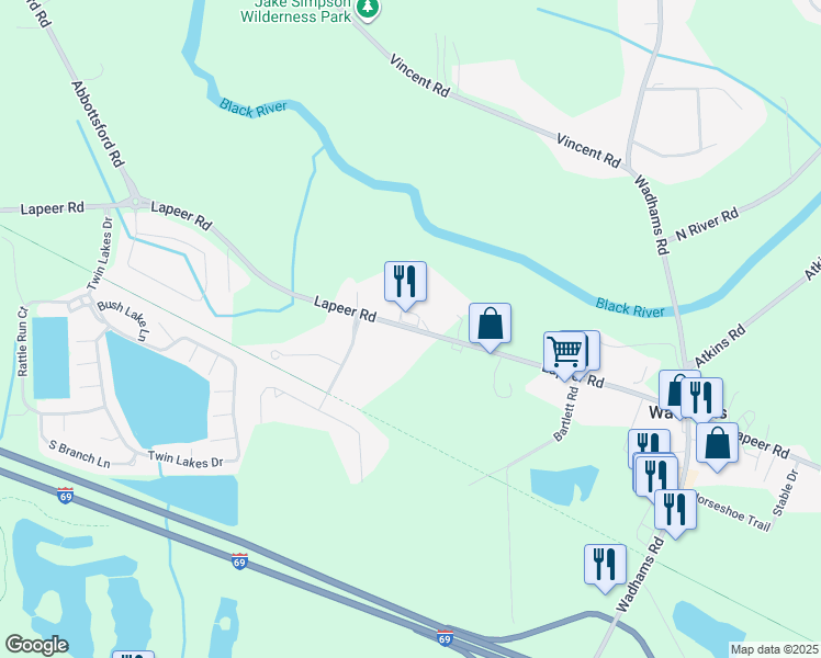 map of restaurants, bars, coffee shops, grocery stores, and more near 5600 Lapeer Road in Smiths Creek