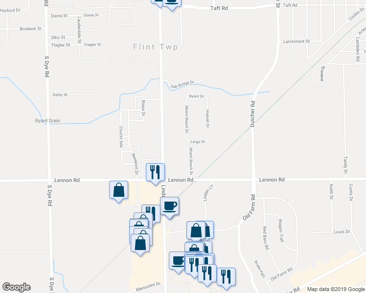 map of restaurants, bars, coffee shops, grocery stores, and more near 2440 Miami Beach Drive in Flint