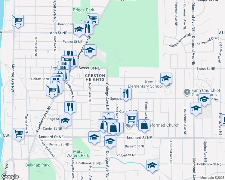 map of restaurants, bars, coffee shops, grocery stores, and more near 527 Marietta Street Northeast in Grand Rapids