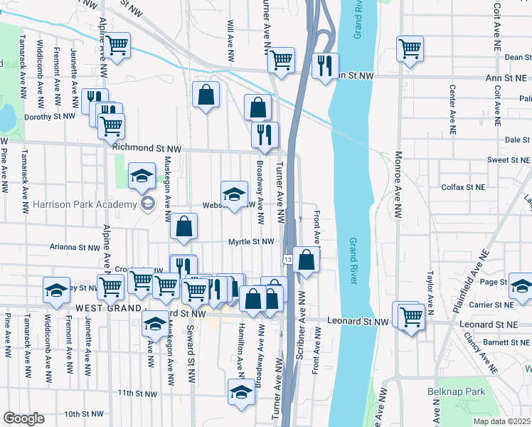 map of restaurants, bars, coffee shops, grocery stores, and more near 417 Webster Street Northwest in Grand Rapids