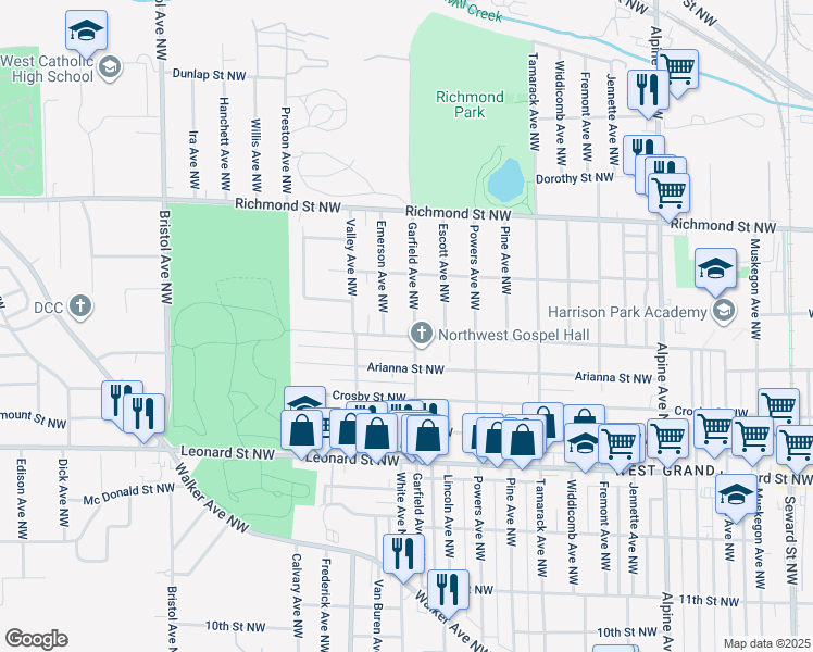 map of restaurants, bars, coffee shops, grocery stores, and more near 1427 Garfield Avenue Northwest in Grand Rapids