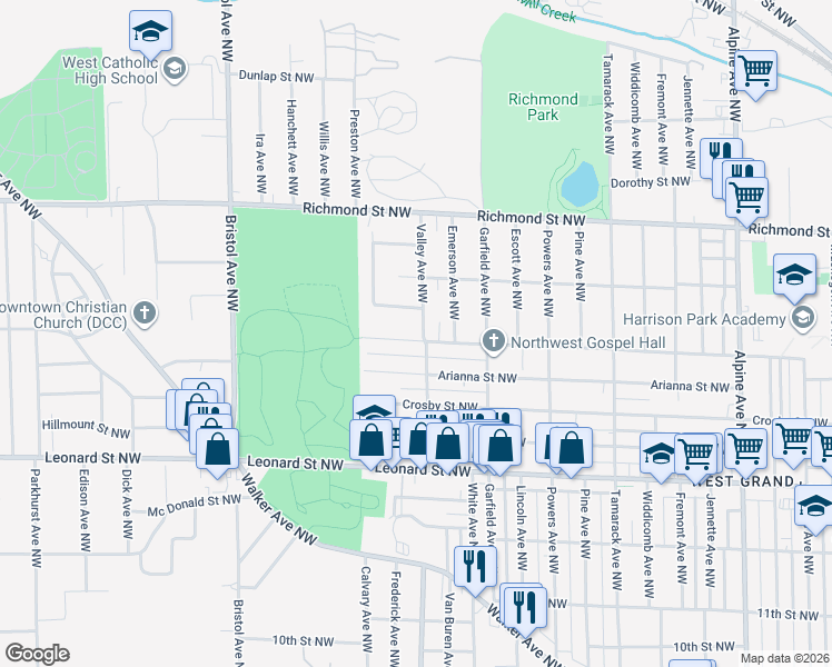 map of restaurants, bars, coffee shops, grocery stores, and more near 1320 Dartmouth Street Northwest in Grand Rapids