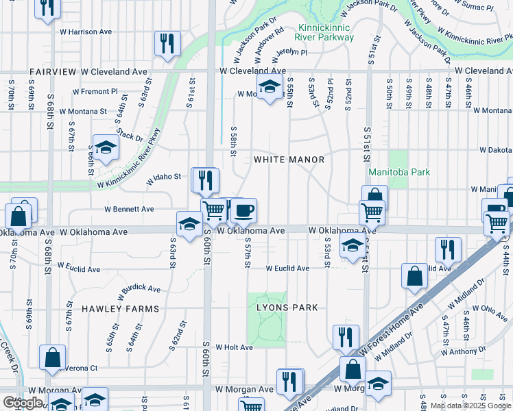 map of restaurants, bars, coffee shops, grocery stores, and more near 3010 South 57th Street in Milwaukee