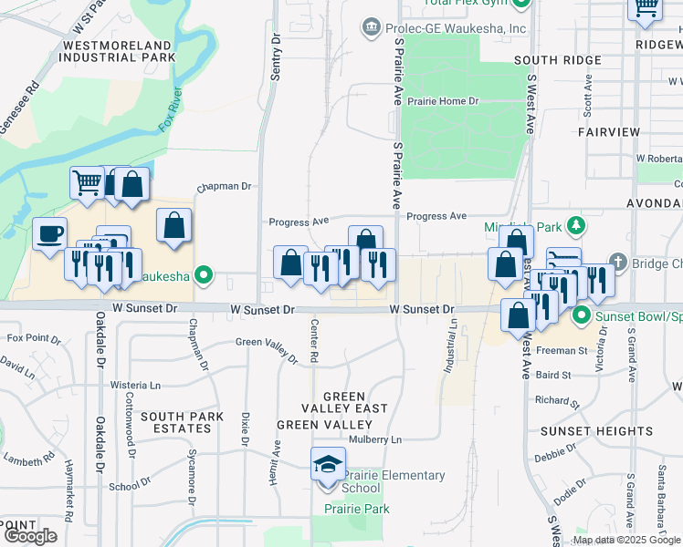 map of restaurants, bars, coffee shops, grocery stores, and more near S30 W24890 West Sunset Drive in Waukesha