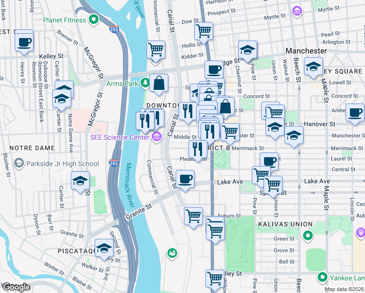 map of restaurants, bars, coffee shops, grocery stores, and more near 130 Middle Street in Manchester