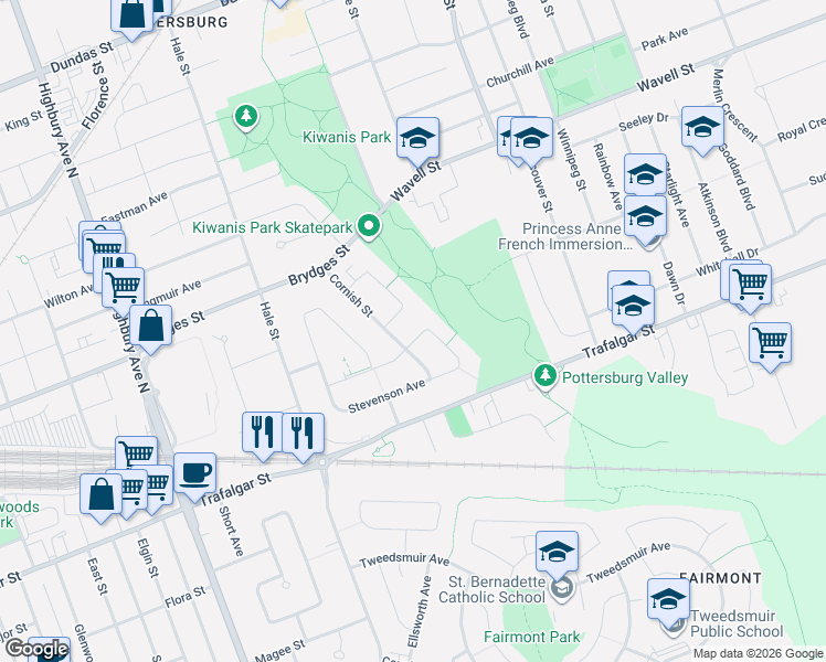 map of restaurants, bars, coffee shops, grocery stores, and more near 50 Glass Avenue in London