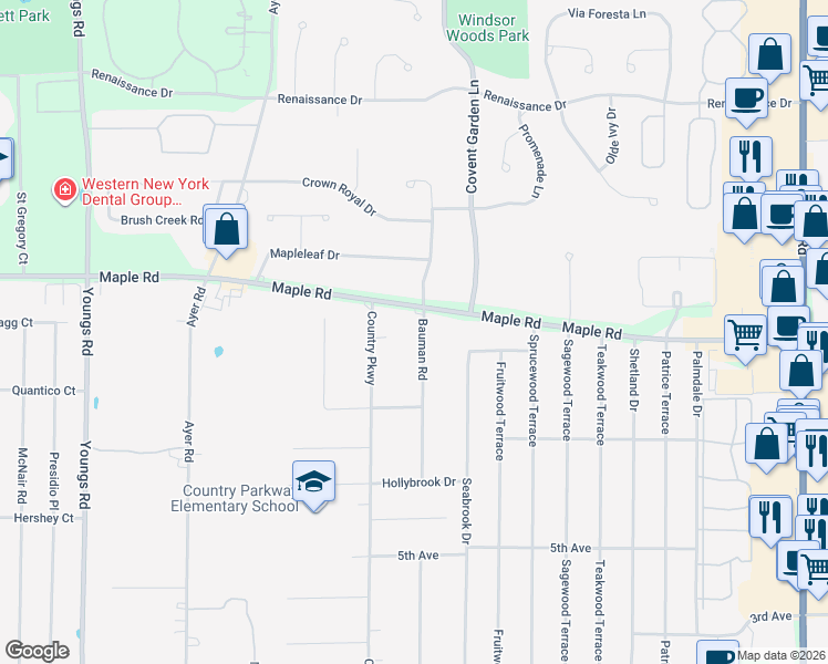 map of restaurants, bars, coffee shops, grocery stores, and more near 2005 Maple Road in Buffalo
