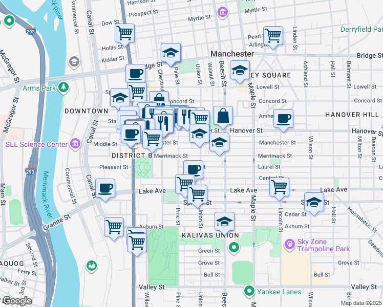map of restaurants, bars, coffee shops, grocery stores, and more near 184 Merrimack Street in Manchester