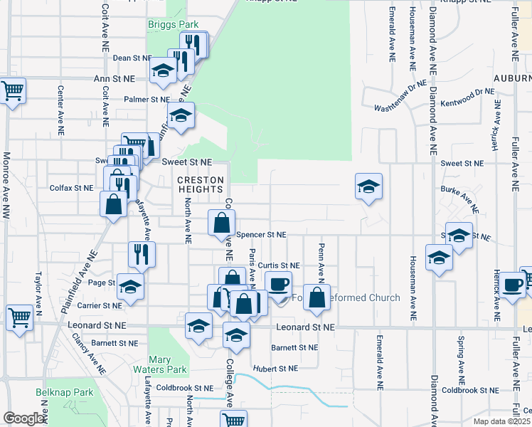 map of restaurants, bars, coffee shops, grocery stores, and more near 1431 Union Avenue Northeast in Grand Rapids