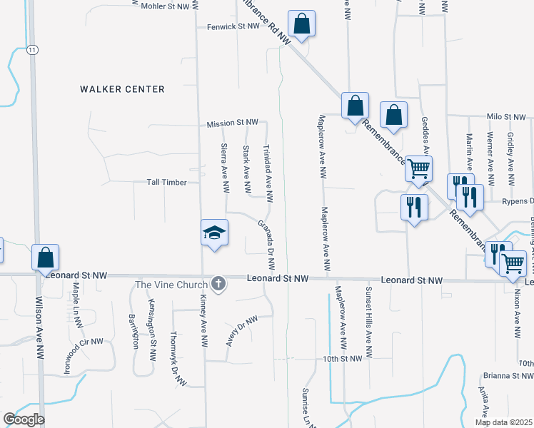 map of restaurants, bars, coffee shops, grocery stores, and more near 1372 Trinidad Avenue Northwest in Grand Rapids
