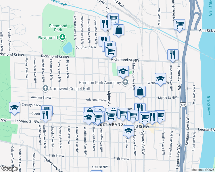 map of restaurants, bars, coffee shops, grocery stores, and more near 1423 Alpine Avenue Northwest in Grand Rapids