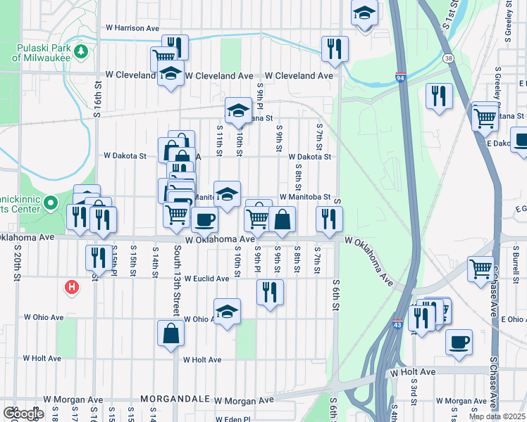 map of restaurants, bars, coffee shops, grocery stores, and more near 3001 South 9th Place in Milwaukee