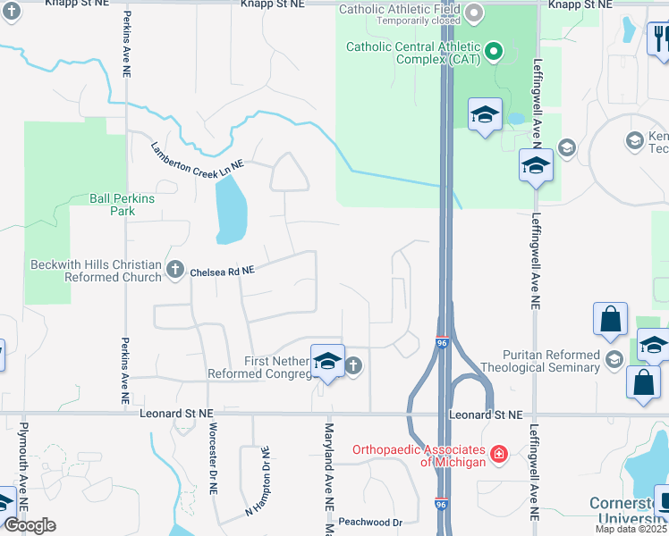 map of restaurants, bars, coffee shops, grocery stores, and more near 2354 Birnam Woods Court Northeast in Grand Rapids